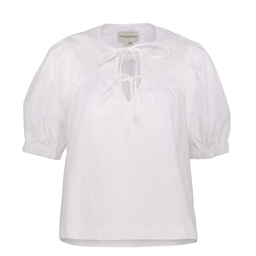 Charlotte Brody Belle Blouse Top Shirt Womens XS White Short Sleeve Cotton Ties